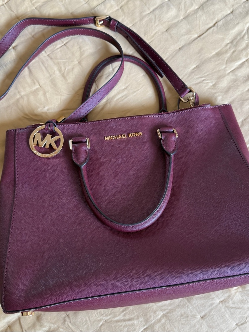 Michael Kors Berry Saffiano Leather Satchel with Gold Hardware